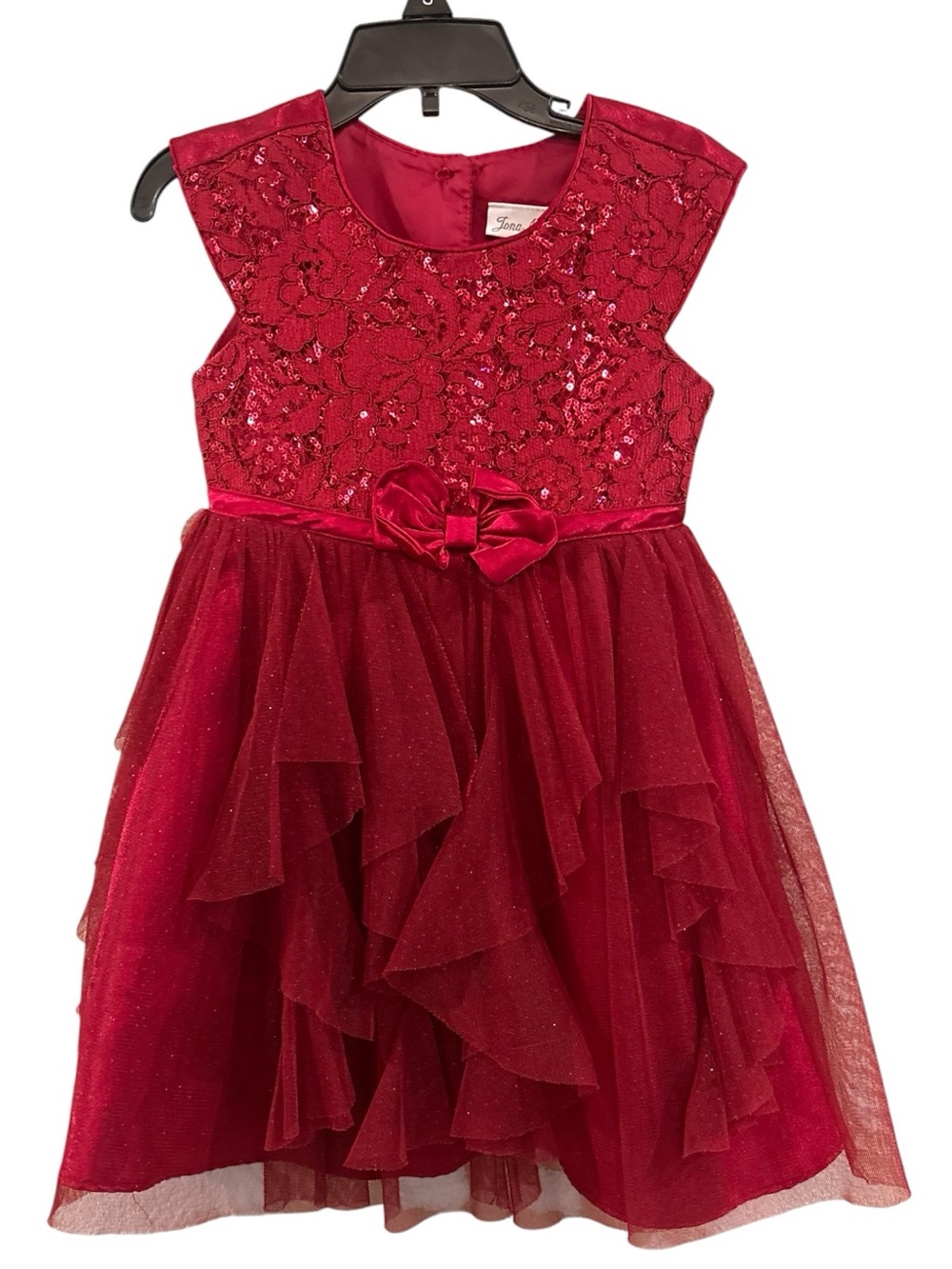 Jona Michelle Red Sequin Lace & Layered Tulle Party Dress with Bow 4T